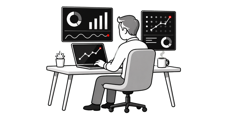 Analytics specialist reviewing GA4 dashboards at a desk